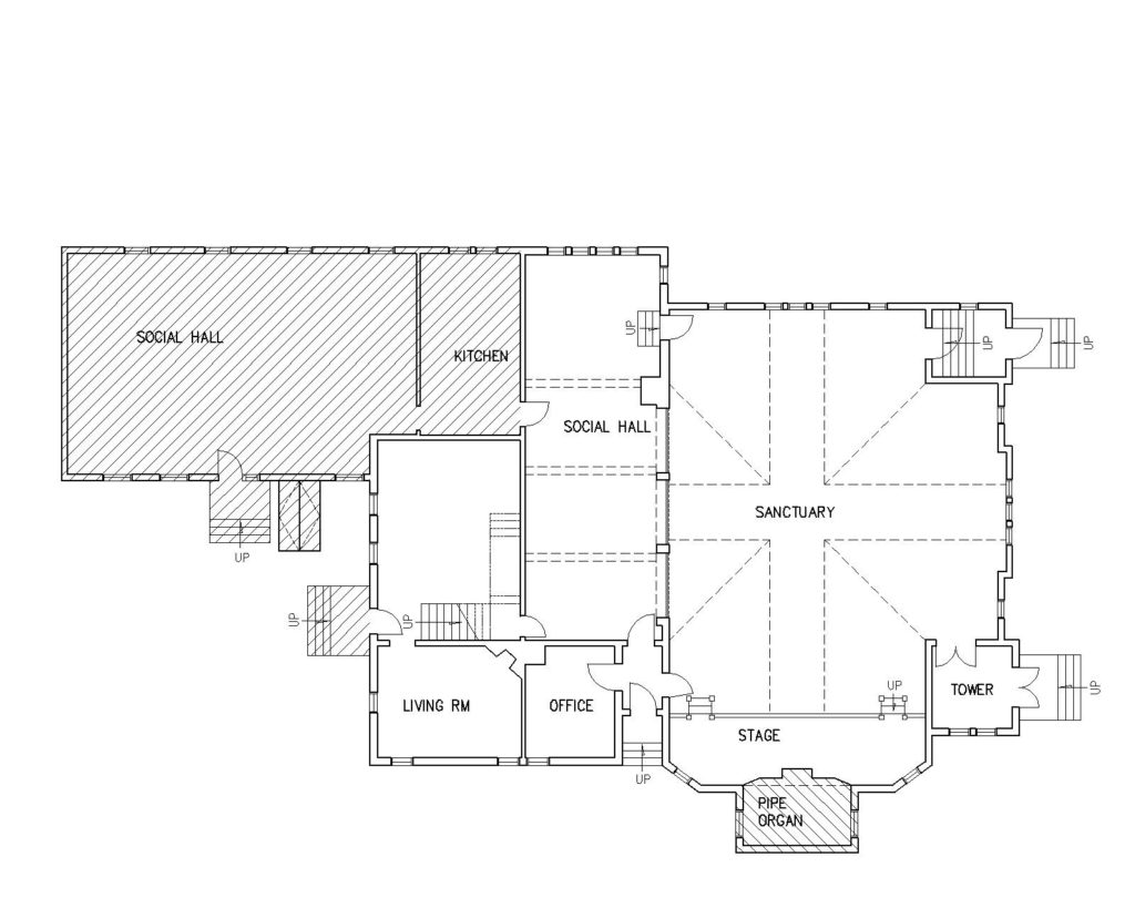 floorplan showing location of pipe organ and large social hall