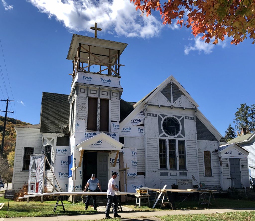 Construction workers restoring the former .Grace  Lutheran Church 